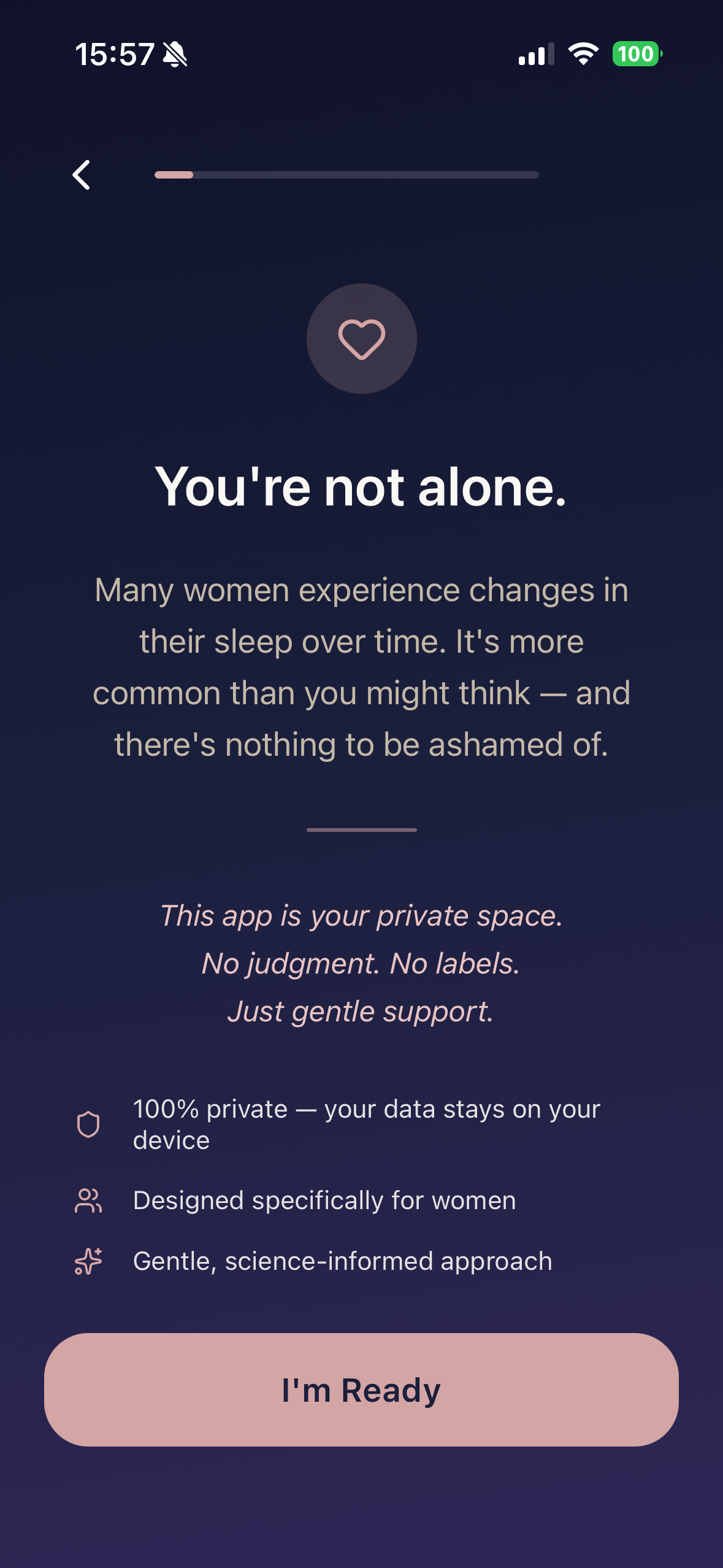 Quietly app screenshot showing the supportive onboarding experience